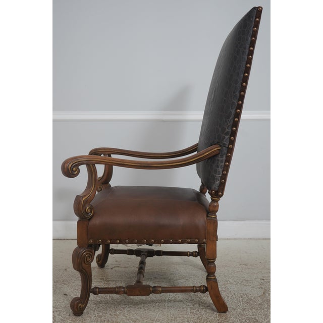 Queen Anne Century Leather & Wood High Back Armchair For Sale - Image 3 of 18