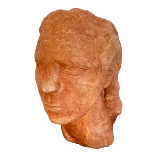 Vintage Signed Hand-Made Clay Female Bust Sculpture in Terracotta Finish For Sale