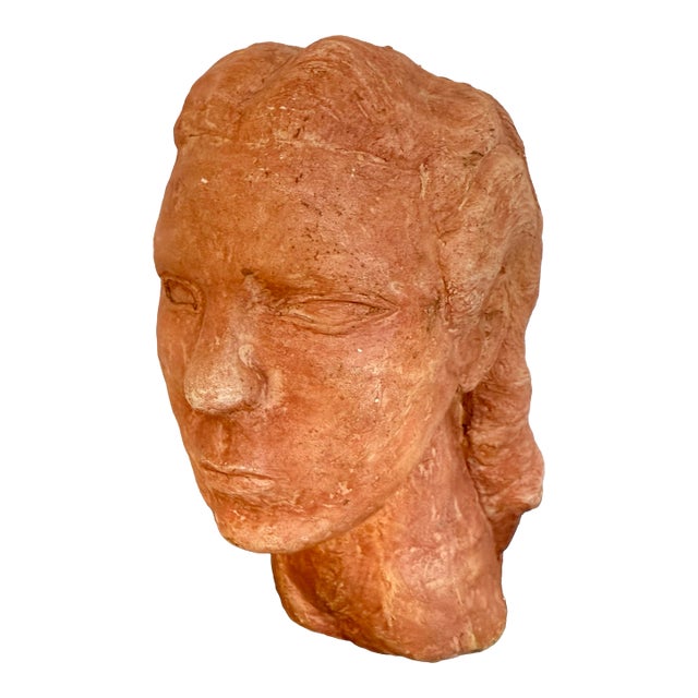 Vintage Signed Hand-Made Clay Female Bust Sculpture in Terracotta Finish For Sale
