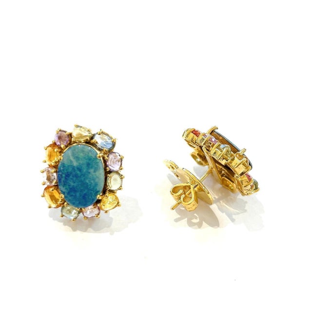 Bochic “Orient” Blue Opal & Multi Sapphires Earrings Set In 18K Gold & Silver - a pair For Sale - Image 9 of 10