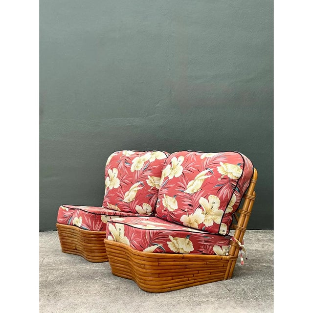 Vintage Stacked Wave Rattan Slipper Chairs After Paul Frankl For Sale - Image 4 of 13