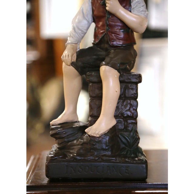 French Mid 20th Century Mid-Century French Polychrome Terracotta Boy Figurine Titled "Insouciance" For Sale - Image 3 of 9