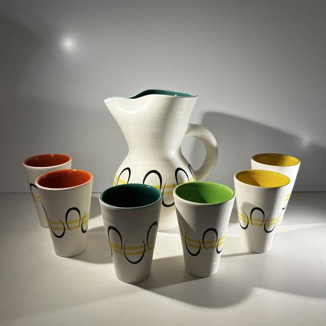 Ceramic Pitcher and Cups by André Baud for Vallauris, 1960s, Set of 7 For Sale - Image 14 of 15