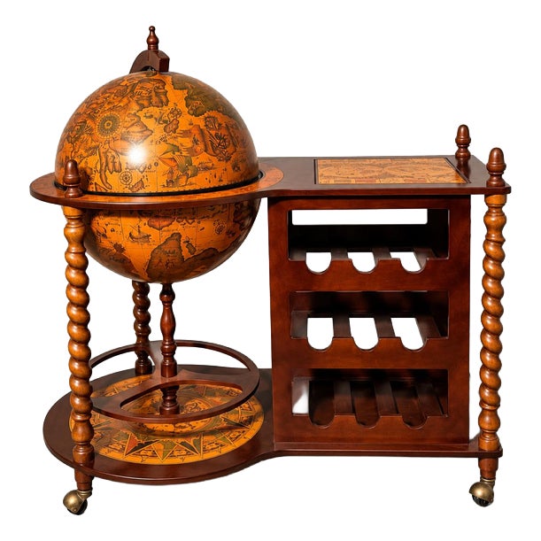 Antique Globe Bar Cart with Wine Rack For Sale