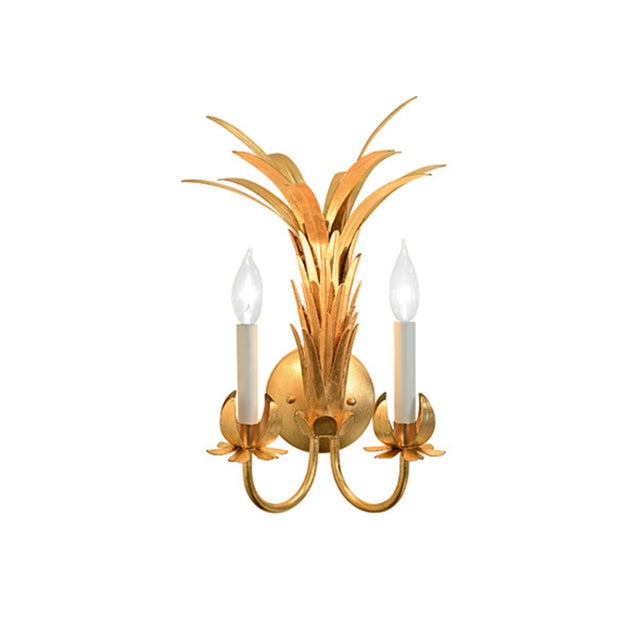Worlds Away Matthew Izzo Home Reseda Two Arm Palm Gold Leaf Tole Metal Wall Sconce For Sale - Image 4 of 6