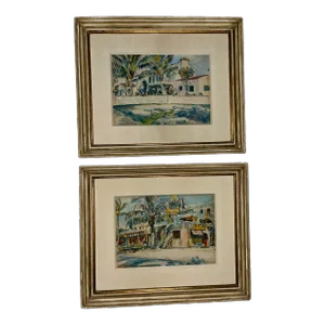 Set of 2 Vintage F. Richardson Murray Coral Gables House Portrait Watercolor Paintings, Framed