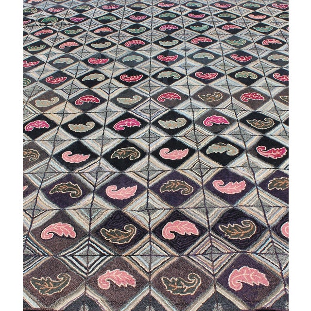 Textile Antique American Hooked Rug With Diamond Patchwork Geometric Leaf Design 9'2"x12'1" For Sale - Image 7 of 10