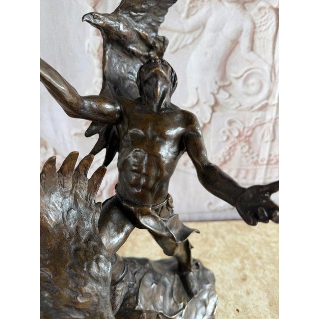 19th Century Monumental Bronze Sculpture of Native Warrior and Eagles, Dynamic Art For Sale - Image 5 of 14