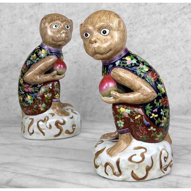 Ceramic Vintage Chinese Chinoiserie Porcelain Monkey Holding Peach Sculpture - A Pair For Sale - Image 7 of 10