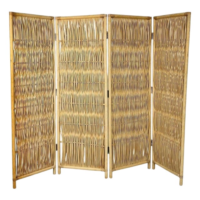 Vintage Rattan Folding Screen Room Divider With Brass Hardware, Organic Modern For Sale