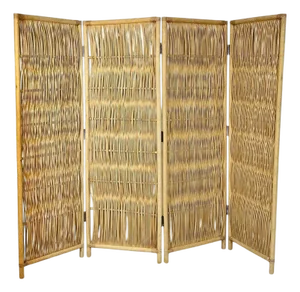 Vintage Rattan Folding Screen Room Divider With Brass Hardware, Organic Modern