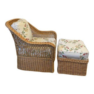 Bielecky Brothers Wicker Chair With Matching Ottoman, Silk Fabric For Sale