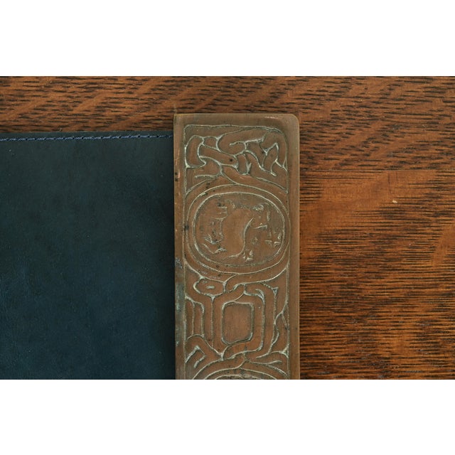 Metal Tiffany Studios New York Zodiac Pattern Bronze Blotter Ends With Leather Desk Blotter For Sale - Image 7 of 14