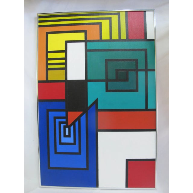 Paint Mondrian Bauhaus Style Vintage Mid Century Modern Colorblock Painting Tri-Op I For Sale - Image 7 of 7