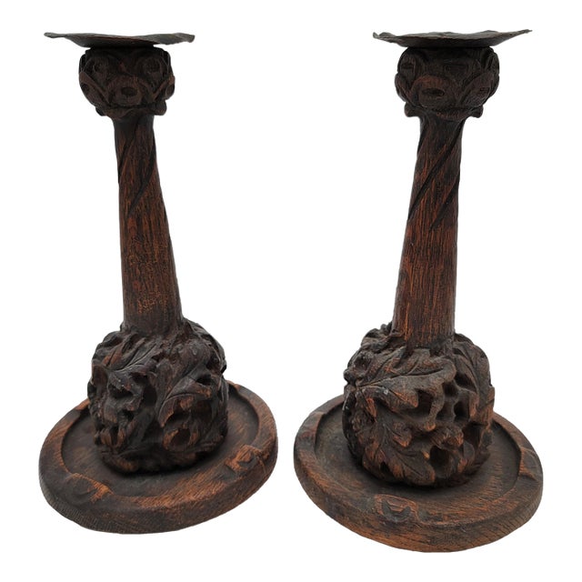 Pair of Antique Charles Rohlfs Hand-Carved Oak Candlesticks For Sale