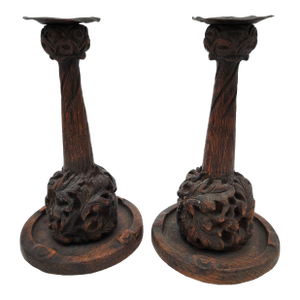 Pair of Antique Charles Rohlfs Hand-Carved Oak Candlesticks