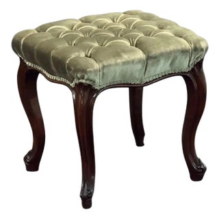 English Upholstered Stool of Tufted Velvet on Cabriole Legs - Two Available For Sale