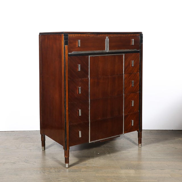 Art Deco Machine Age High Chest in Bookmatched Walnut, Black Lacquer & Chrome For Sale - Image 13 of 18