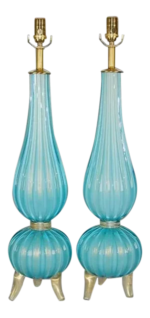 Murano Glass Footed Table Lamps in Blue and Gold, a Pair
