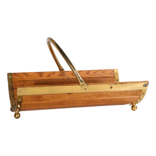 Vintage Oak and Brass Fireplace Log Wood Holder C. 1970/80's For Sale