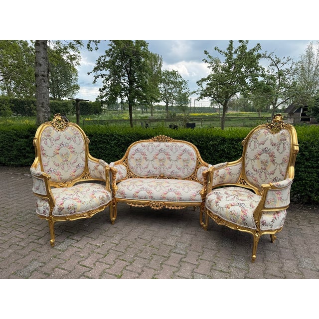 1970 French Louis XVI Gold Beech Damask Sofa Set - 3 PCS For Sale - Image 18 of 18