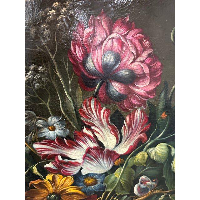 Floral Still Life depicts a lush variety of different flowers generously spilling out of the vase,filling the entire space...