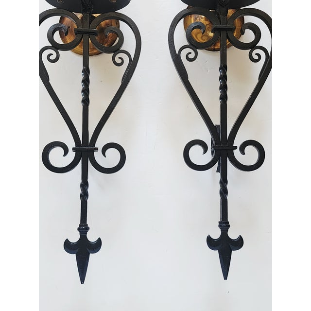 Gothic Mid Century Spanish Revival Wrought Iron Wall Sconces-a Pair For Sale - Image 3 of 13