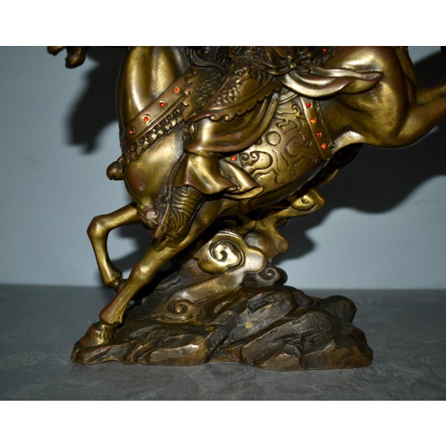 Vintage Solid Bronze Chinese Warrior Figure on Horse W/Jewels For Sale - Image 9 of 12