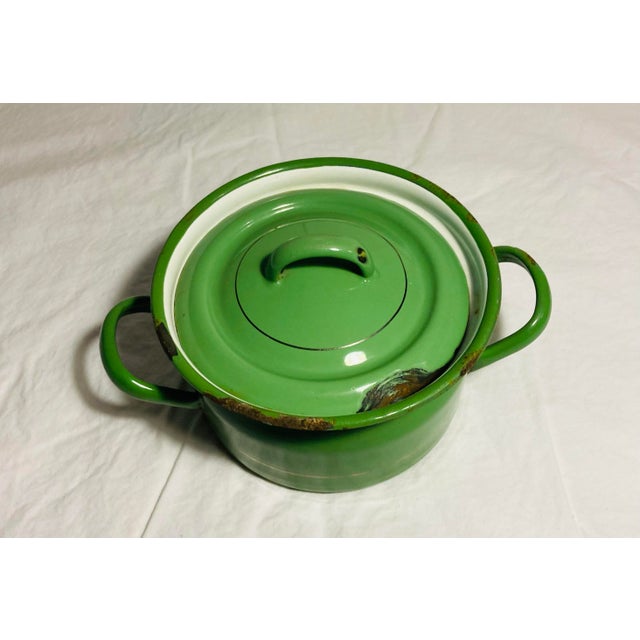 Vintage Enamel Ware Pot With Lid in Green With Narrow Gold Stripe Handle to Two Sides For Sale In Dallas - Image 6 of 12