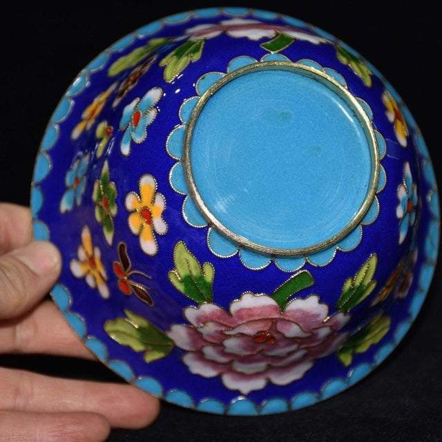 1970s Handmade Cloisonne Tea Bowl, Wire Inlaid Pink Peony on Deep Blue, Chinoiserie Decor For Sale - Image 5 of 9