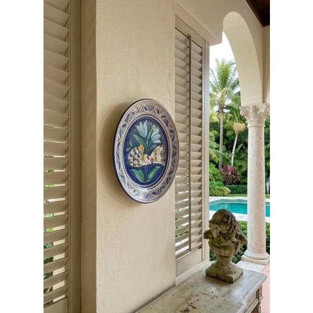 Vintage Hand-Painted Mediterranean Ceramic Wall Plate - Bird & Tulip Motif For Sale In West Palm - Image 6 of 12