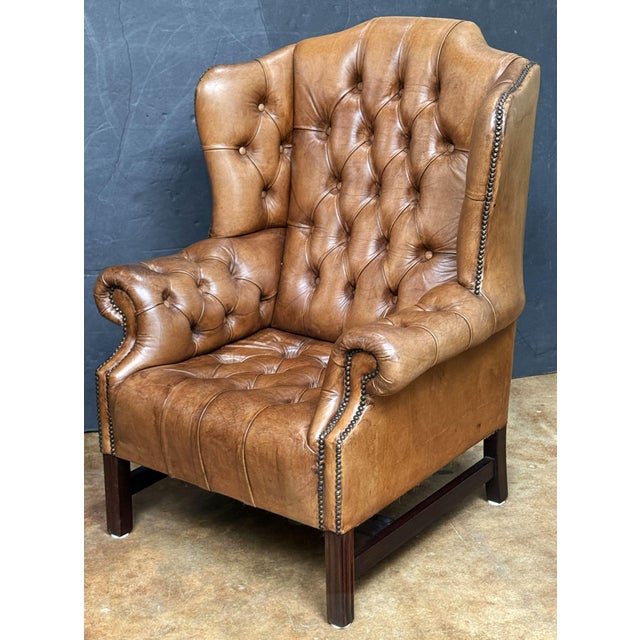 Large English Wing Back Chair of Tufted Tanned Leather With Nail-Head Trim For Sale - Image 4 of 16