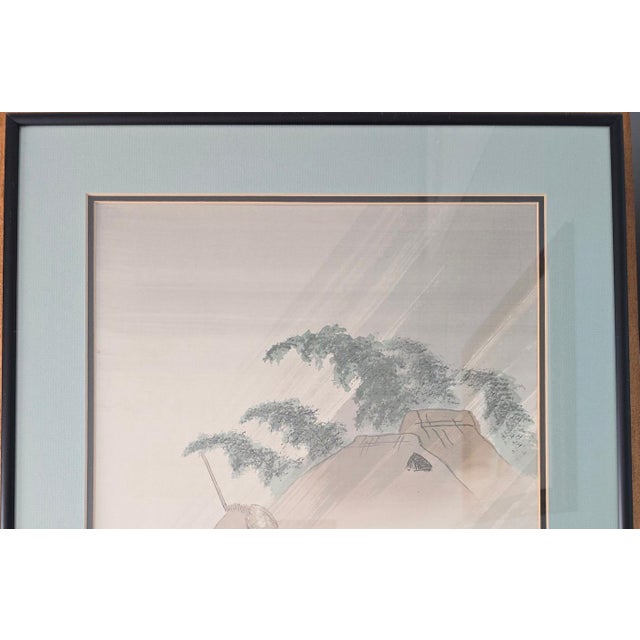 Vintage Japanese Silk Painting Signed Shoun, Travelers in Rain Nihonga Watercolor, Japandi Wall Art, Zen Landscape Decor For Sale In Portland, ME - Image 6 of 15
