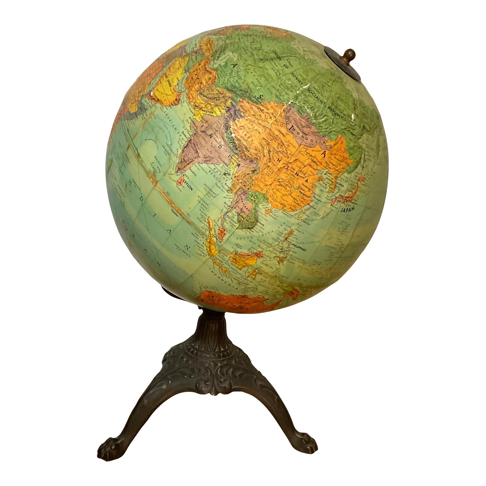 Mid 20th Century Replogle Stereo Relief Globe on Cast Iron Stand | Chairish