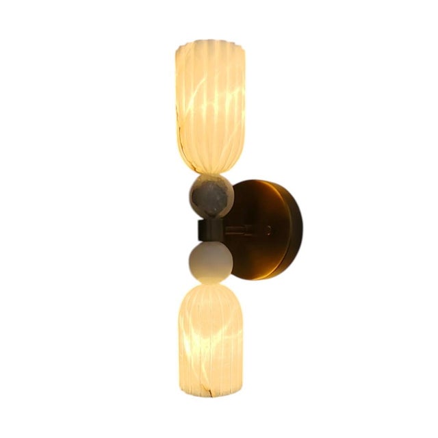 Art Deco Handmade Alabaster Stone Wall Sconce With Solid Brass, Luxury Ribbed Stone Wall Light, Natural Alabaster Wall Lamp, Art Deco Brass Sconce For Sale - Image 3 of 9