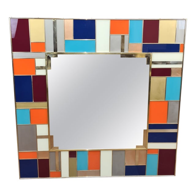 Square Multicolor Murano Wall Mirror with Brass Inserts from Justfurnituress SRL For Sale