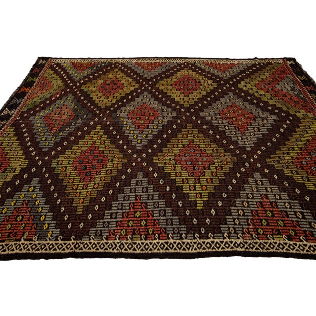 Textile Vintage Persian Soumak Handmade Burnt Orange Geometric Wool Rug For Sale - Image 7 of 8