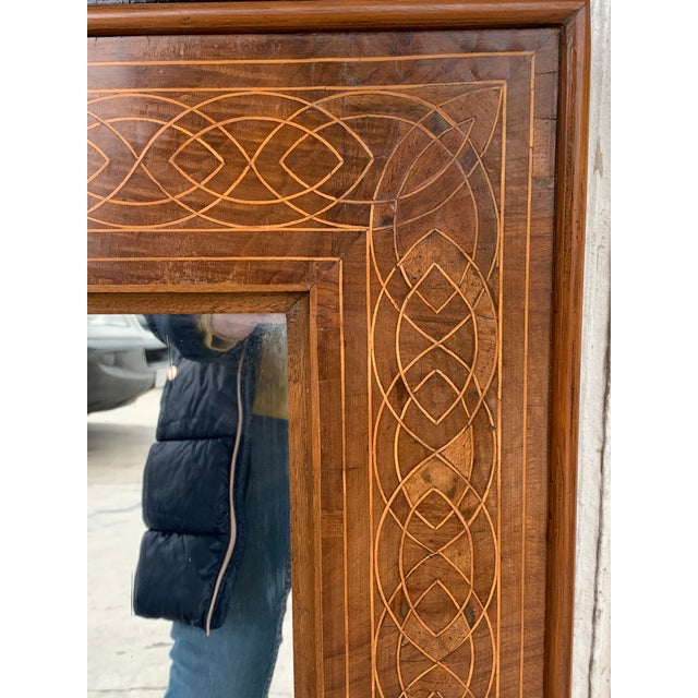 Antique Geometrical Marquetry Inlaid Mahogany Mirror With Ebonized Carved Crest For Sale In Miami - Image 6 of 10