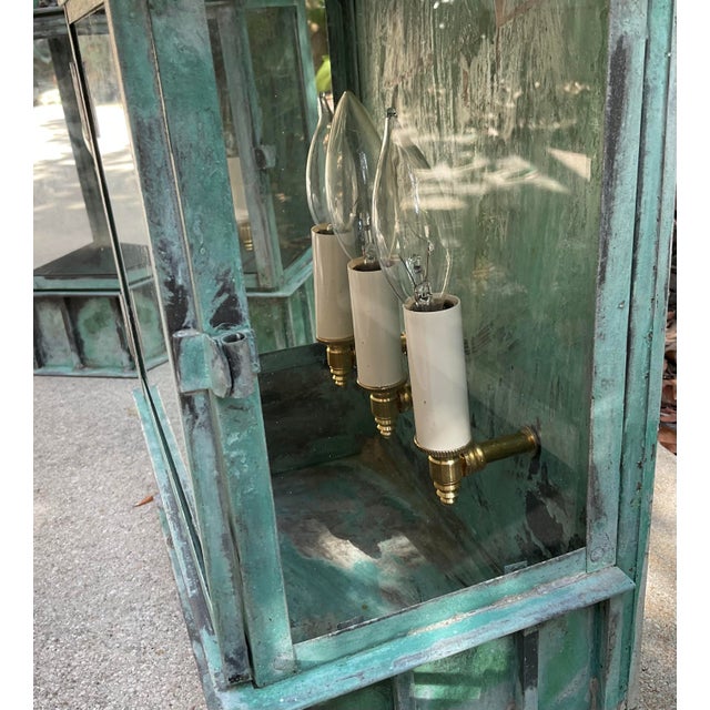 Pair of Monumental Art Deco Style Verdigris Copper & Brass Wall Lanterns For Sale In Miami - Image 6 of 16