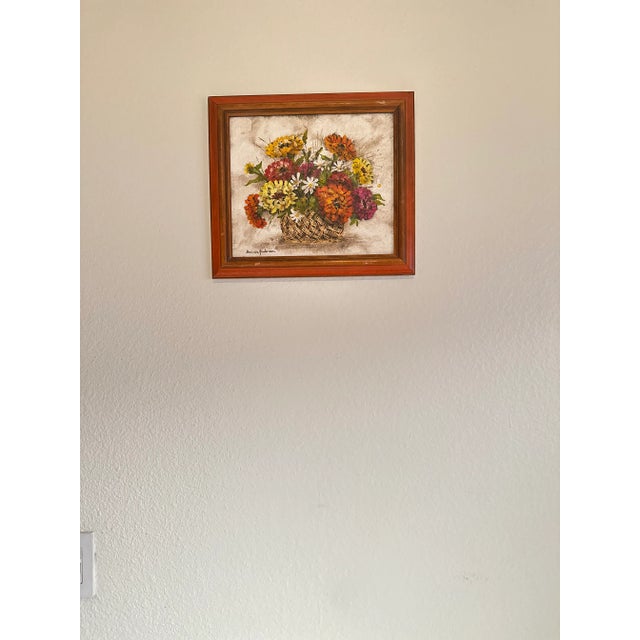 1960s Oil on Canvas Board Basket of Flowers Still Life Painting Bonnie Anderson Signed Framed For Sale - Image 11 of 12