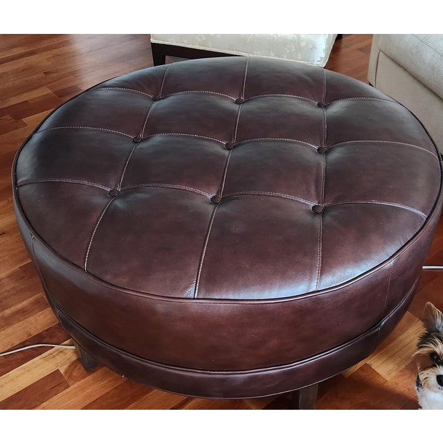 Gorgeous custom‑made Ethan Allen Nassau round leather ottoman, 37" diameter, in a rich brown leather (Canyon Espresso...