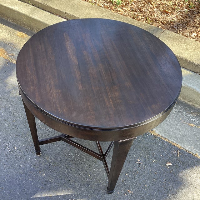 Fully restored table features mahogany solids and cherry veneers. Slightly distressed finish with a cross detail and...