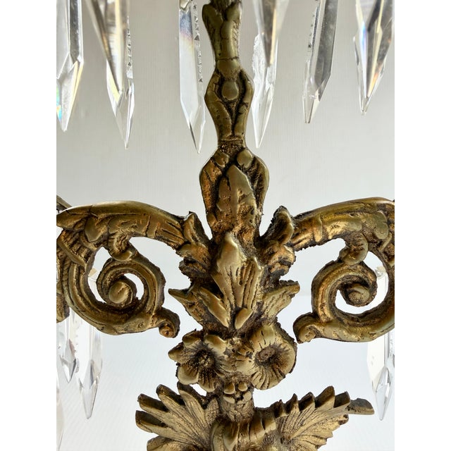 Antique Brass Victorian Couple 3 Arm Girandole Candlestick With Marble Base & Prisms For Sale - Image 4 of 17