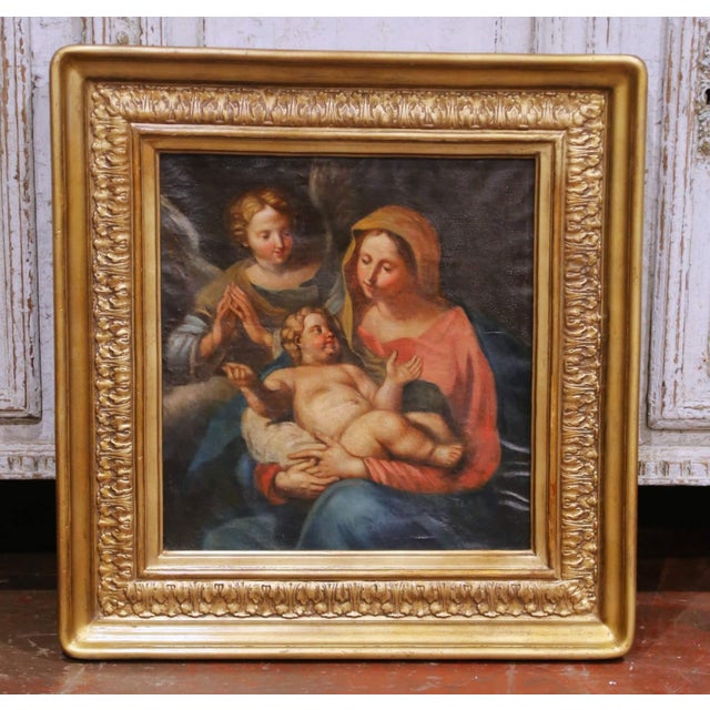 17th Century 17th C. French School Oil on Canvas Painting of Madonna and Child With Angel For Sale - Image 5 of 9