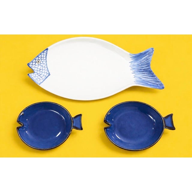 Rustic European Vintage Italian Ceramic Fish Shaped Serving Plater & Bowls - Set of 3 For Sale - Image 3 of 8