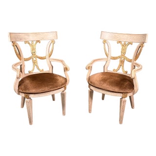 Neoclassical Gold Gilt & Cream Painted Wood Arm Chairs by Century Furniture- A Pair For Sale