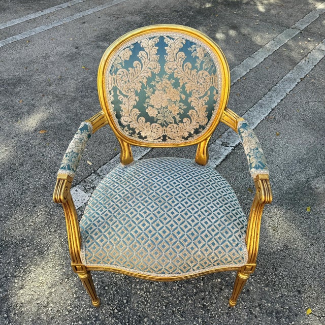 Baroque Baroque Blue Damask Chair With Gold Leaf Details For Sale - Image 3 of 7