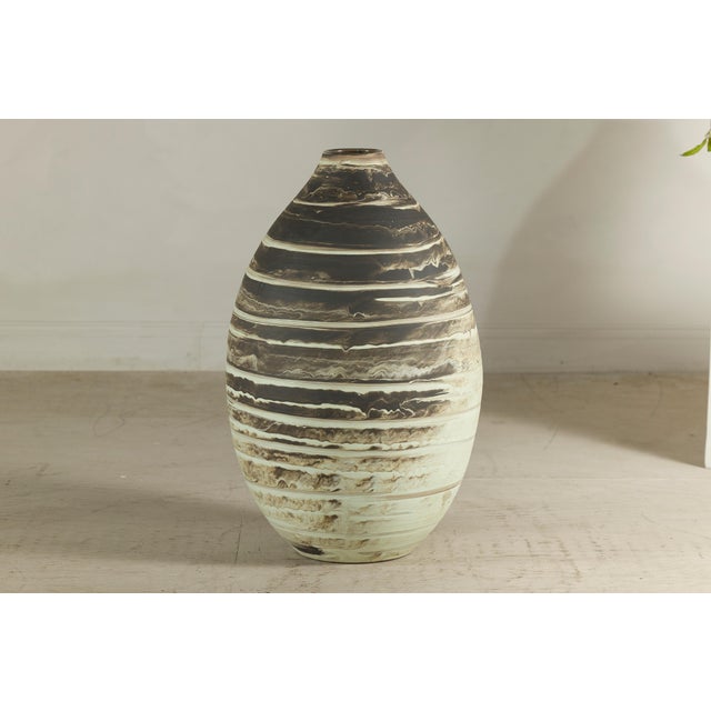 Art Deco Large Artisan Ceramic Vase with Cream and Brown Striped Glaze For Sale - Image 3 of 12