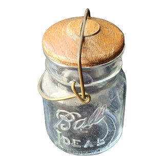 Vintage Ball Glass Jar With Wooden Lid & Metal Wire Clamp For Sale