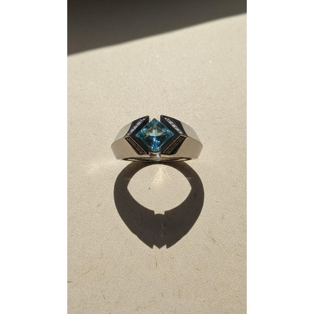 Blue Square-Cut Blue Topaz Architectural Silver Cocktail Ring, Size 7.5 For Sale - Image 8 of 8
